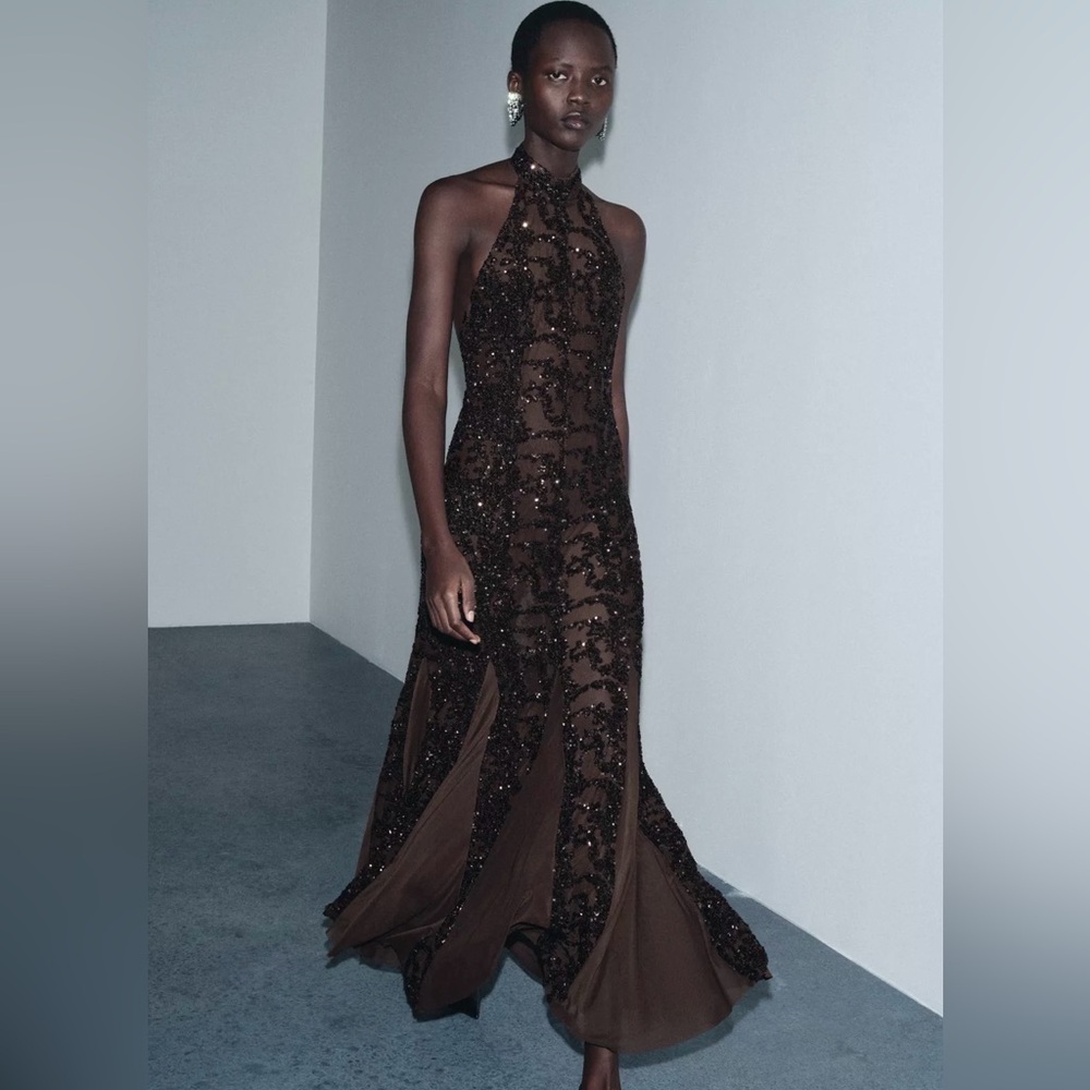ZARA SEQUIN HALTER MAXI DRESS SZ MEDIUM (HOLIDAY / WINTER 2025)